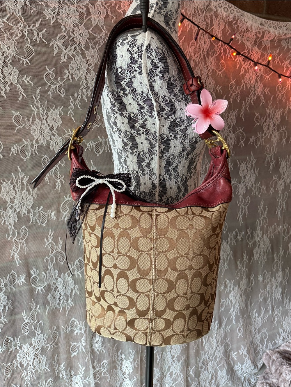 Coach Signature Canvas Bucket Bag with Burgundy Leather Trim